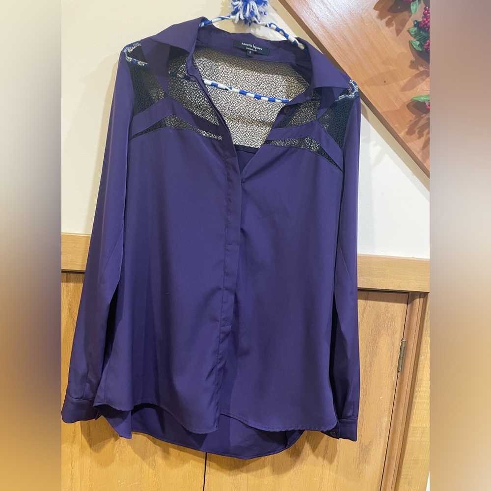 Purple blouse with black lace inserts